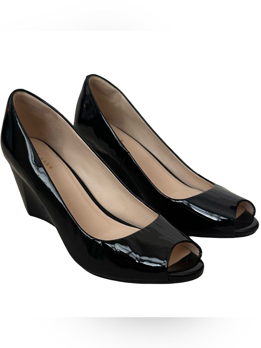 Cole Haan Grand Series Black Glossy Patent Peep-Toe Wedge Heels NWOB